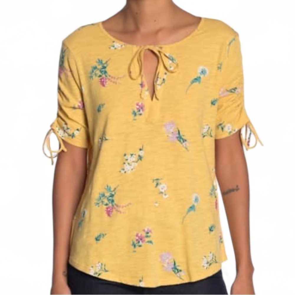 NWT LUCKY BRAND Printed Ruched Short Sleeve Notch Tie Neck Floral Top Size Large